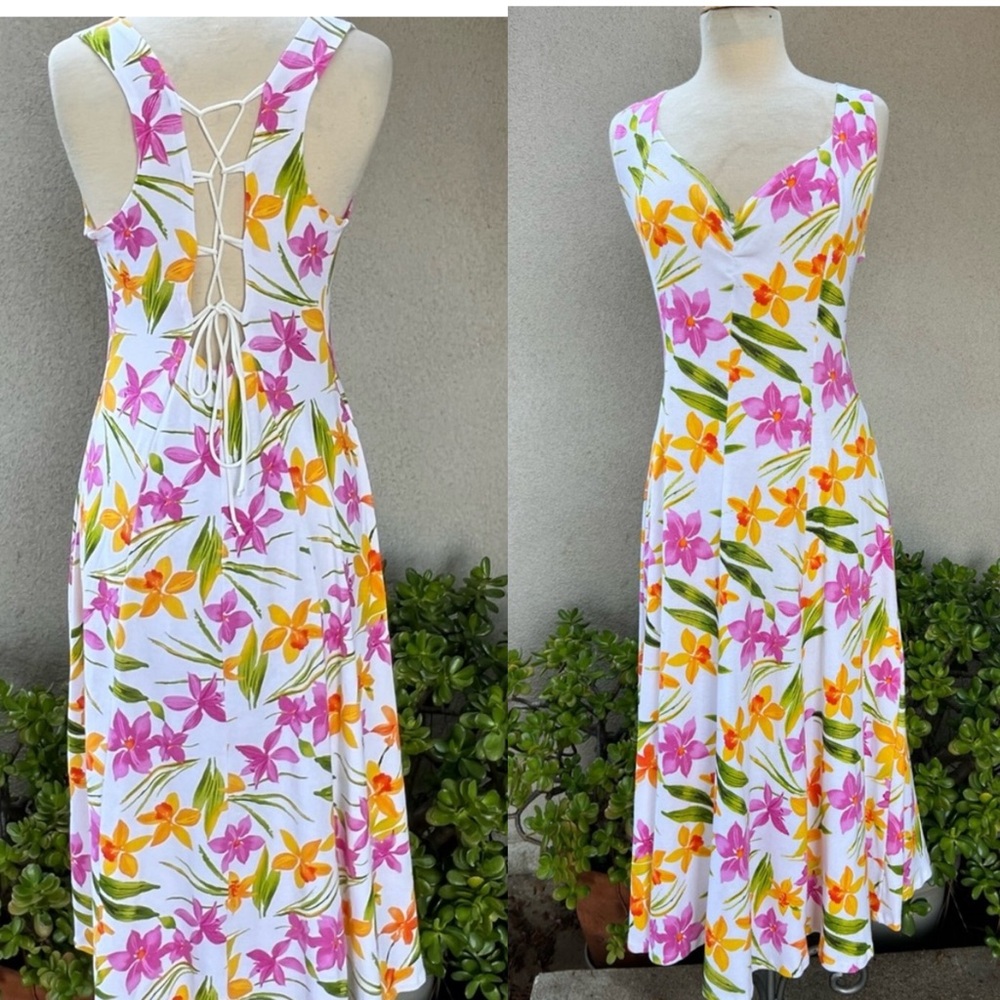 Vintage cotton Sun dress white neon floral print lace up back Large Illusions